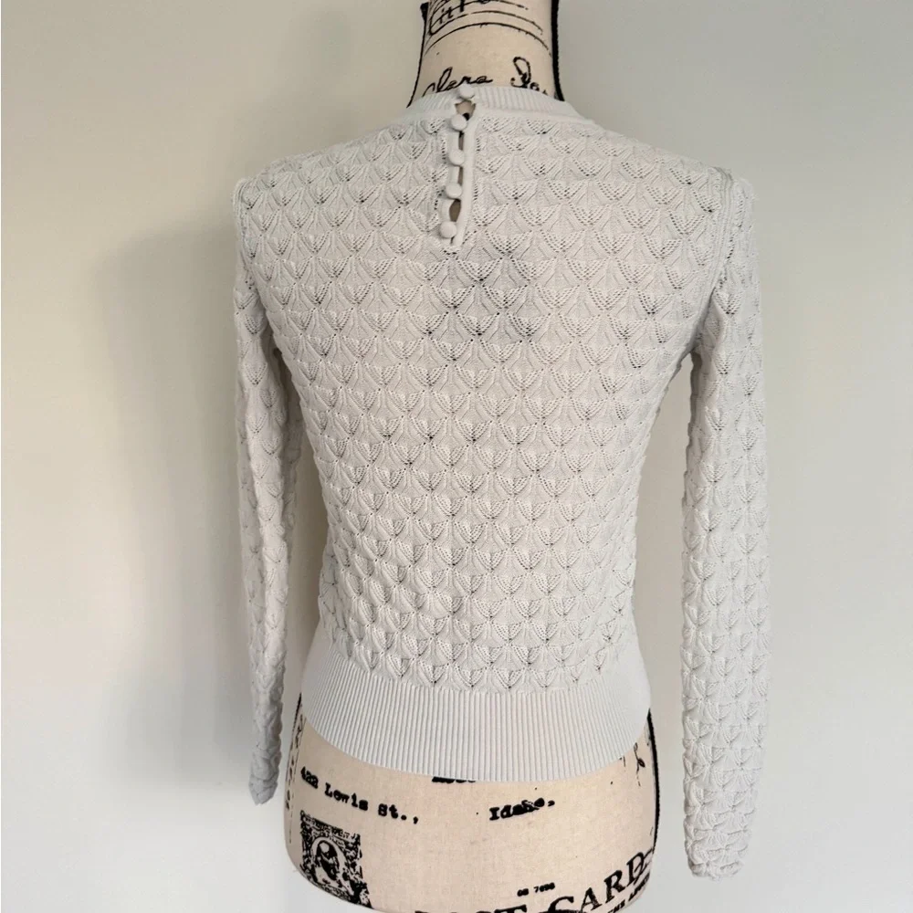 Club Monaco Sweater Pointelle Knit Sz S Ivory Ribbed Collar/Hem Quiet Luxurycore